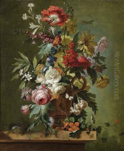 Bouquet De Fleurs Et Nid D'oiseau Oil Painting by Gerrit Johan Van Leeuwen