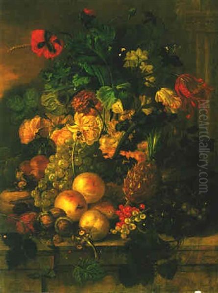 Still Life Of Fruit, Flowers, Corn And Nuts, All On A Stone Ledge Oil Painting by Gerrit Johan Van Leeuwen