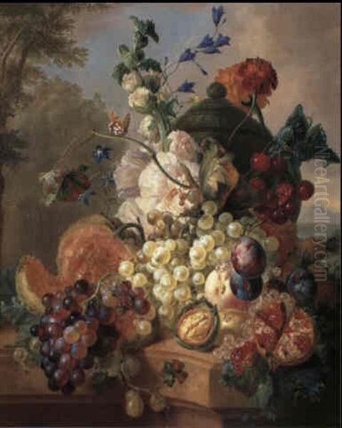 A Still Life Of Assorted Fruit And Flowers Including        Grapes, Plums, Cherries And A Pomegranate Upon A Stone Oil Painting by Gerrit Johan Van Leeuwen