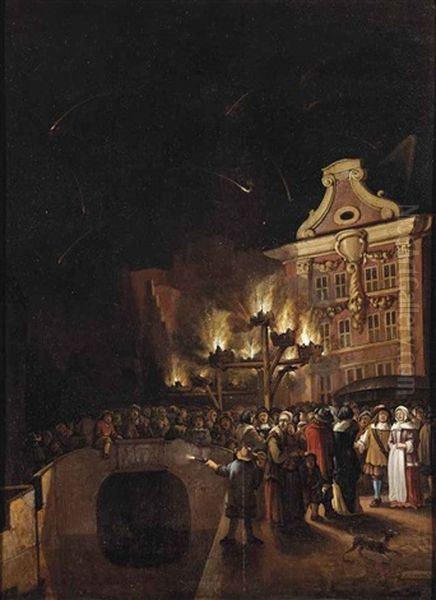 Fireworks And Torchlight Along The Delftsevaart In Rotterdam, The Laurenskerk Beyond Oil Painting by Philipp van Leeuwen