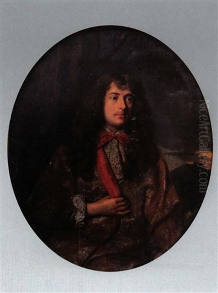 Portrait D'homme, La Main Droite Posee Sur Le Revers De Son Manteau Brode De Fil D'argent, En Cravate Rouge Nouee Sur Un Col De Dentelle, Se Detachant Sur Un Fond De Paysage Et D'a Oil Painting by Claude Lefebvre