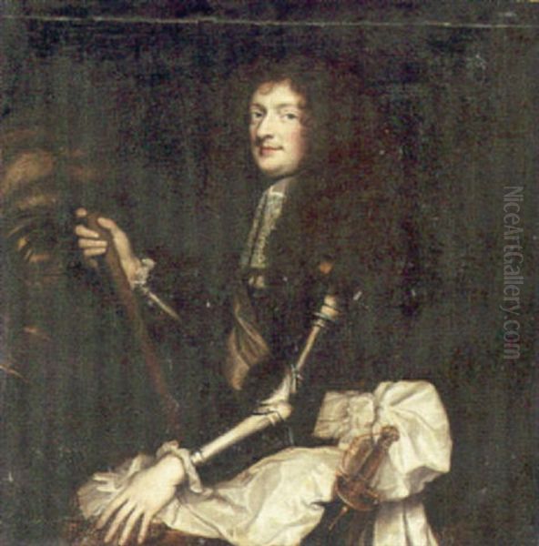 Portrait Of A Nobleman In Armor, Holding A Baton Oil Painting by Claude Lefebvre