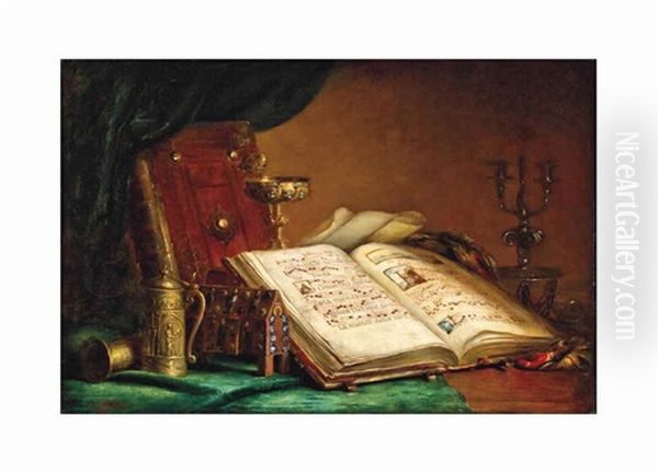 Still Life With Illuminated Manuscript And Vessels Oil Painting by Ernest Eugene Lefebvre