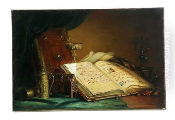 Still Life With Book And Helmet Oil Painting by Ernest Eugene Lefebvre