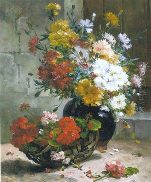 Still Life With Roses And Still Life With Chrysanthemums And Daisies Oil Painting by Ernest Eugene Lefebvre