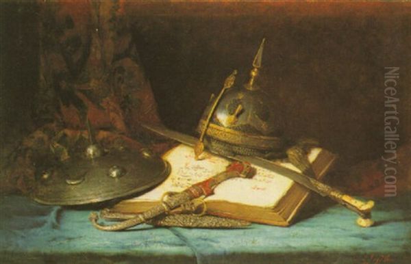 A Still Life With A Book And Helmet Oil Painting by Ernest Eugene Lefebvre