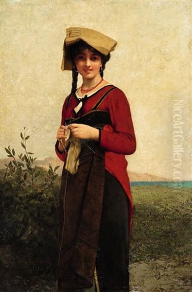 An Italian Lady Knitting Oil Painting by Jules Joseph Lefebvre