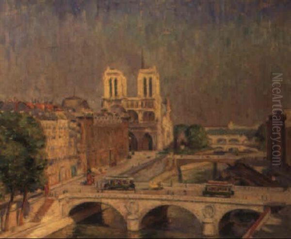 Printemps Parisien- A View Of The Seine And The Notre Dame In Paris Oil Painting by Maurice Jean Lefebvre