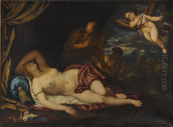 Sleeping Venus With Cupid And A Satyr, A Landscape Beyond Oil Painting by Valentin Lefebvre