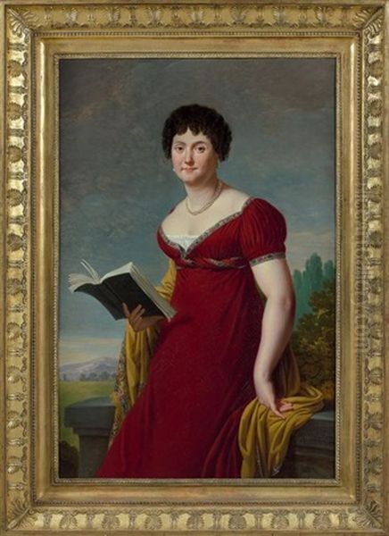 Portrait Presume De La Comtesse De Mercey En Robe Rouge Dans Un Paysage Oil Painting by Robert Jacques Francois Faust Lefevre