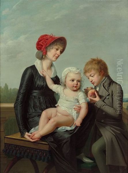 Portrait D'une Femme Avec Ses Deux Enfants Dans Un Paysage Oil Painting by Robert Jacques Francois Faust Lefevre