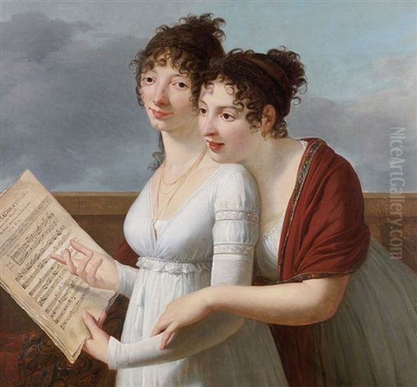 Portrait De Deux Soeurs Lisant Un Livret D'alexandre Duval Oil Painting by Robert Jacques Francois Faust Lefevre