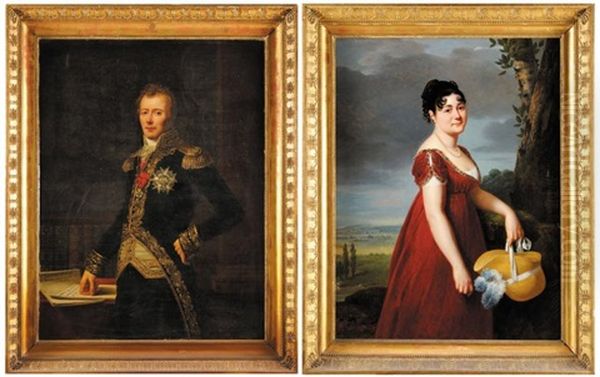 Portrait Du General Dejean En Uniforme De General De Division Et Portrait D'aurore Barthelemy, Femme Du General Dejean, En Robe Rouge (pair) Oil Painting by Robert Jacques Francois Faust Lefevre