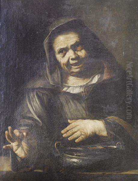 Portrait Of An Old Lady Cooking Chestnuts In A Brazier Oil Painting by Pietro Bellotti