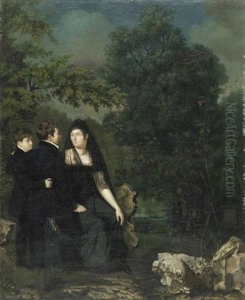 Portrait D'une Femme En Noir Avec Ses Deux Fils Oil Painting by Robert Jacques Francois Faust Lefevre