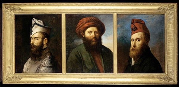 Portraits Of Gentlemen (3 Works Framed Together) Oil Painting by Robert Jacques Francois Faust Lefevre