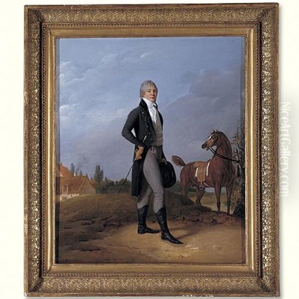 Portrait Of Alexis Gedeon, Wearing A Blue Jacket And Holding A Whip And Top Hat, His Horse Is Tethered To A Tree Nearby (collab. W/carle Vernet) Oil Painting by Robert Jacques Francois Faust Lefevre