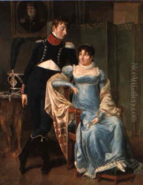 Portrait Of A French Soldier And A Lady Oil Painting by Robert Jacques Francois Faust Lefevre