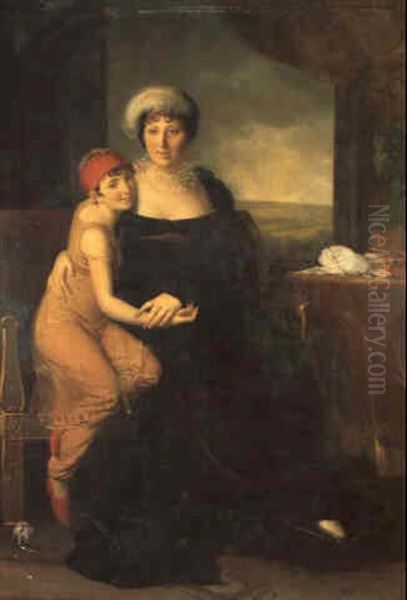 Portrait D'une Dame Assise, De Plein-pied, Portant Une Robe Bleue Avec Sa Fille Vetue A La Turque, De Plein-pied, Sur Oil Painting by Robert Jacques Francois Faust Lefevre