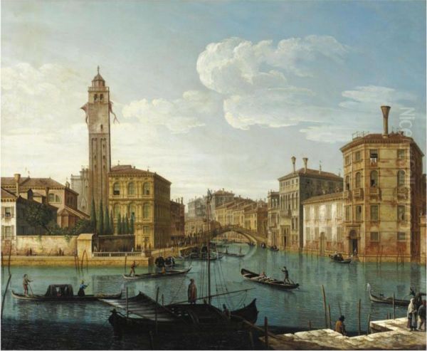 Venezia, Veduta Del Canal Grande Con San Geremia, L'entrata Al Cannaregio E Palazzo Labia Oil Painting by Pietro Bellotti