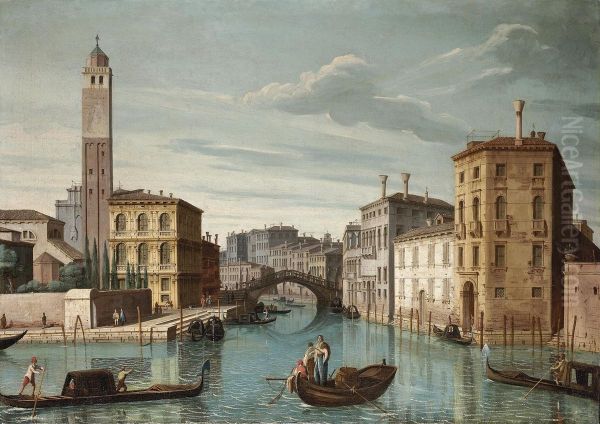 The Entrance To The Canareggio, Venice, With The Church Of San Geremia And The Rialto Bridge Oil Painting by Pietro Bellotti