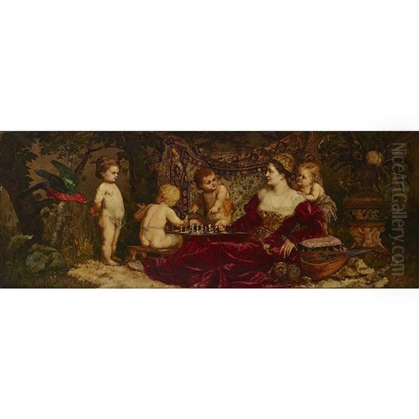 Maiden Playing Chess With Putti Oil Painting by Franz Lefler