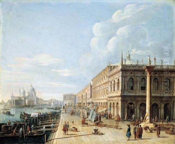 Venice, A View Of The Molo From The Piazzetta With St. Theodore's Column, Looking West Towards The Library And The Church Of Santa Maria Della Salute Oil Painting by Pietro Bellotti