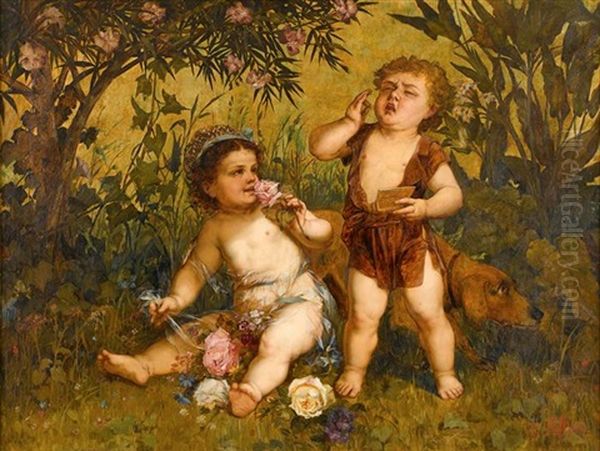 Cherubs At Play Oil Painting by Franz Lefler