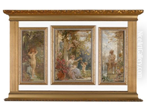 Putti Und Nymphe (+ 2 Others; 3 Works, Framed Together) Oil Painting by Franz Lefler