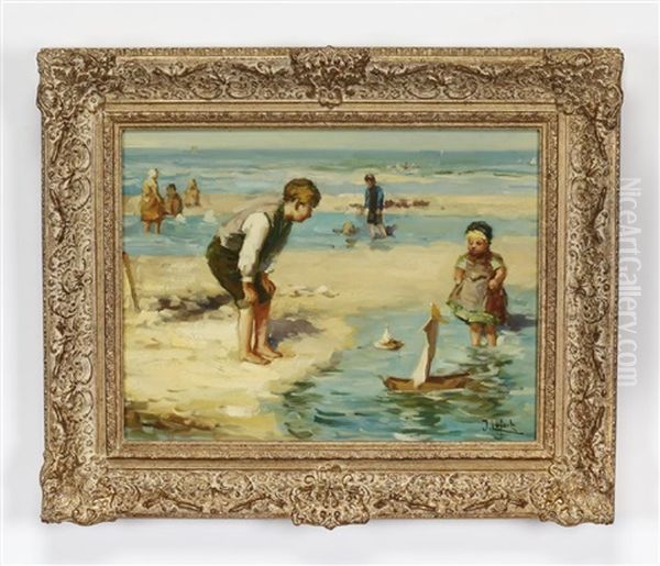 Children At The Beach Oil Painting by Jean Lefort