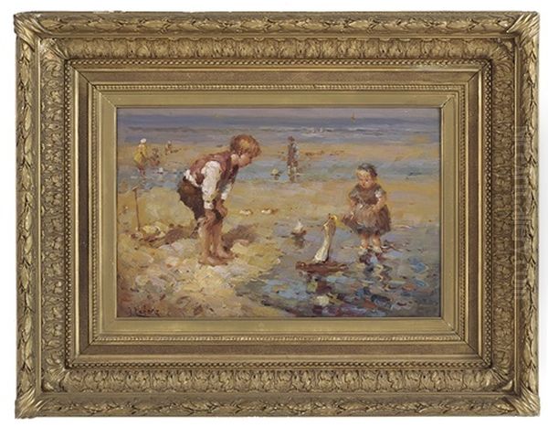 Children Playing At The Beach Oil Painting by Jean Lefort