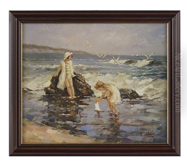 Playing On The Beach Oil Painting by Jean Lefort