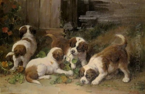 St. Bernard Puppies Oil Painting by Jean Lefort