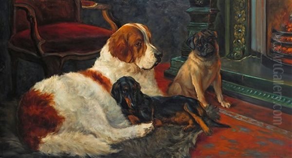 A St Bernard, A Pug And A Dachshund Seated By A Fire Oil Painting by Jean Lefort