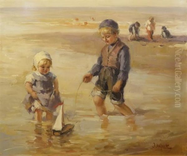 Children On A Beach Oil Painting by Jean Lefort