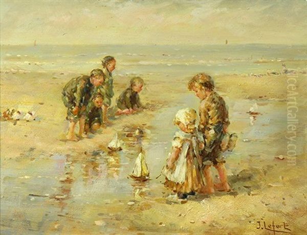 Children Playing On The Beach Oil Painting by Jean Lefort