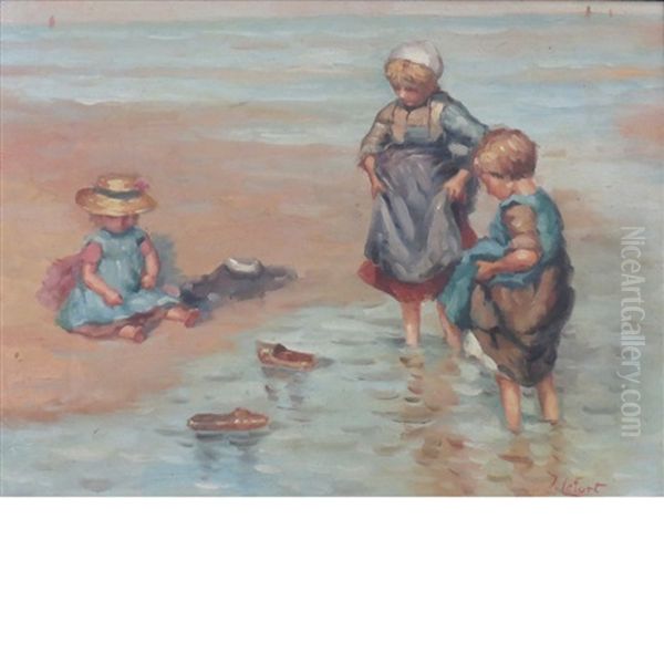 Children On A Beach Oil Painting by Jean Lefort