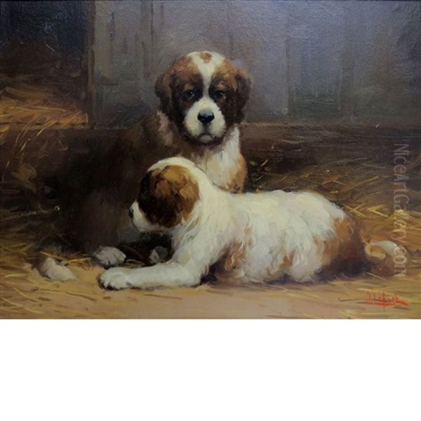 St. Bernard Puppies Oil Painting by Jean Lefort