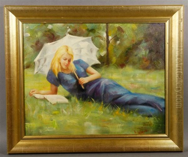 Girl With Umbrella Oil Painting by Jean Lefort