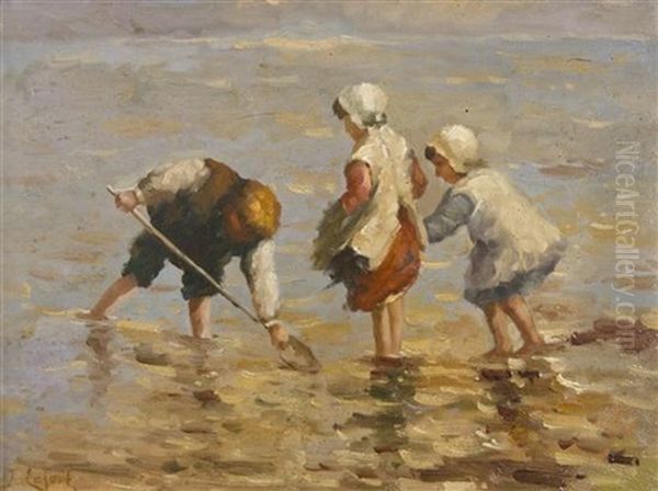 Children Playing In The Surf Oil Painting by Jean Lefort