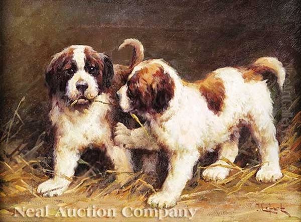 Puppies Oil Painting by Jean Lefort