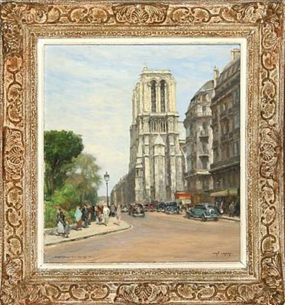 Notre Dame Et Rue Lagrange, Paris Oil Painting by Jean Lefort