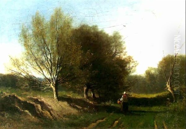 Provincial Landscape With A Figure On A Lane Oil Painting by Jean Henri Lefortier