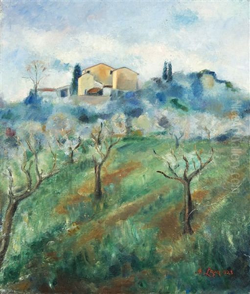 Paesaggio Collinare Con Case Sullo Sfondo Oil Painting by Achille Lega