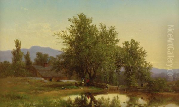 Landscape With Pond, Barn And Figures Oil Painting by Albert (Fitch) Bellows