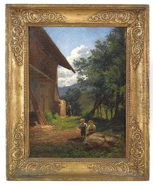 Landscape Depicting Two Children Outside Of A Barn Oil Painting by Nikolay Tysland Leganger