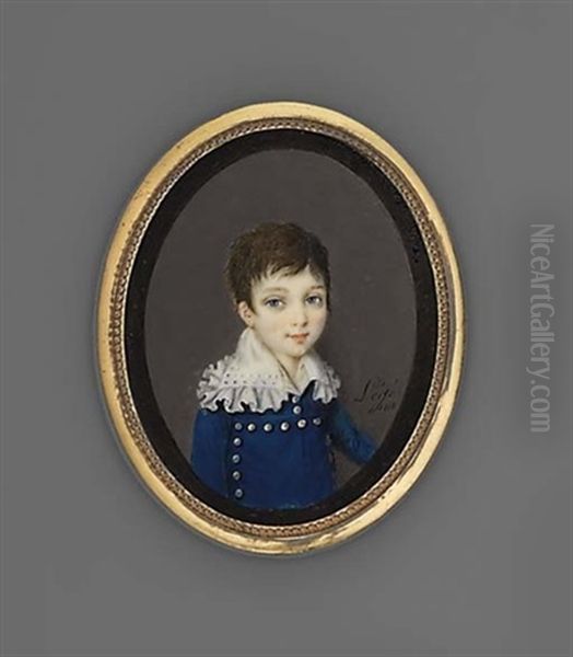 A Boy Called Ferdinand In Blue Coat With Silver Buttons And White Shirt With Large Frilled Collar Oil Painting by  Lege