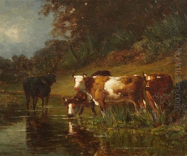 Cows Drinking From A Stream Oil Painting by Louis-Victor Legentile