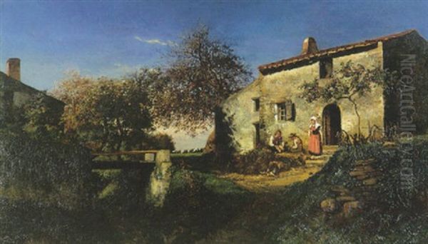 Cour De Ferme Animee Oil Painting by Louis-Victor Legentile