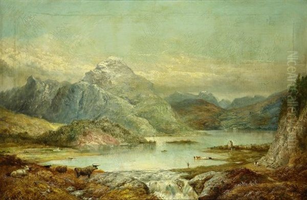 Scottish Countryside With Cows Grazing Near A Lake Oil Painting by Alexander Leggatt